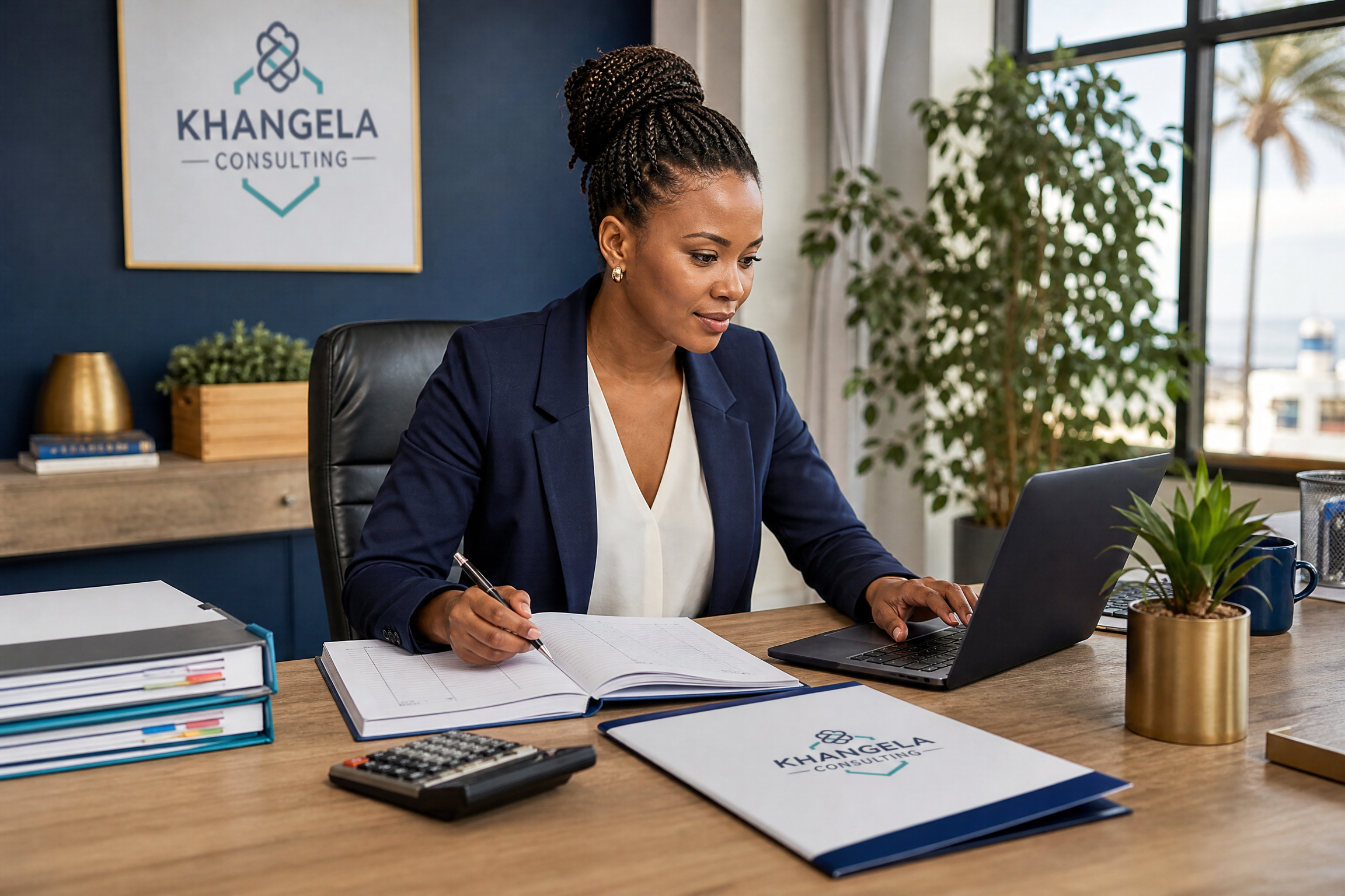 Consultant reviewing organised bookkeeping records with a business owner